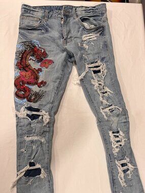 Smoke Rise Japanese Dragon Embroidered Distressed Skinny Jeans Men's 32x32 AS IS